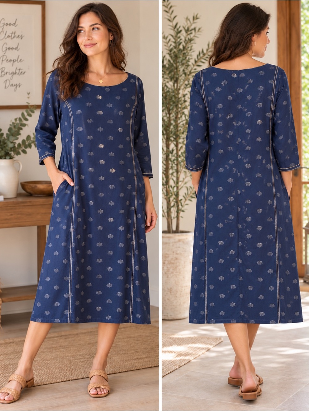 Gulachand Navy Blue Printed Midi Dress - Relaxed A-Line Size L Cotton Boho